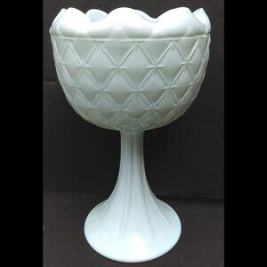 Vtg Indiana White Milk Glass Diamond-Star Quilted Footed Pedestal Vase Bowl